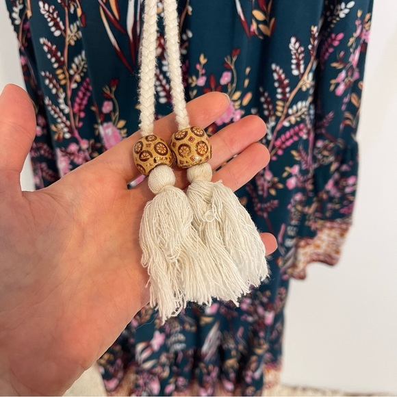 Boho green Floral print Cold Shoulder Dress bell sleeve tassel SZ XS/S/M viscose - Picture 4 of 8